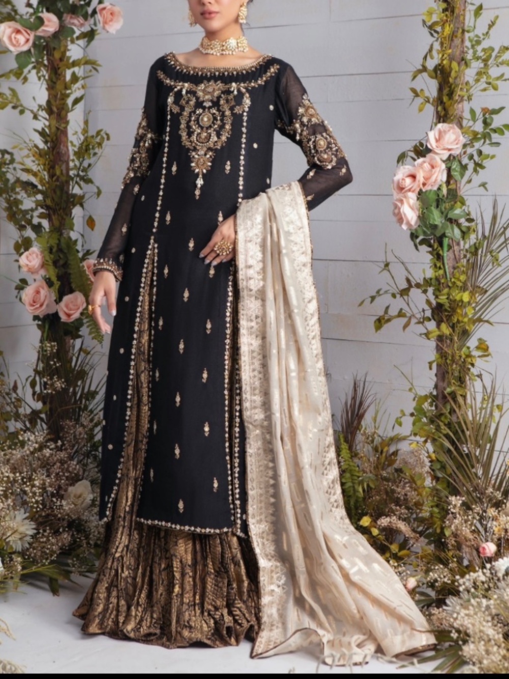 Black embroidered long kameez and lehenga